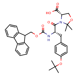Chemical structure of (4S)-3-[(2S)-3-[4-(tert-butoxy)phenyl]-2-({[(9H-fluoren-9-yl)methoxy]carbonyl}amino)propanoyl]-2,2-dimethyl-1,3-oxazolidine-4-carboxylic acid , CAS 878797-09-2, AChemBlock V142986