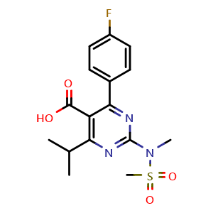 Chemical structure of 5-Pyrimidinecarboxylic acid, 4-(4-fluorophenyl)-6-(1-methylethyl)-2-[methyl(methylsulfonyl)amino]- , CAS 1263475-93-9, AChemBlock V142994