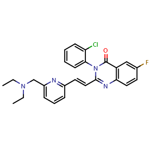 Chemical structure of 4(3H)-Quinazolinone, 3-(2-chlorophenyl)-2-[2-[6-[(diethylamino)methyl]-2-pyridinyl]ethenyl]-6-fluoro- , CAS 199655-36-2, AChemBlock V142999