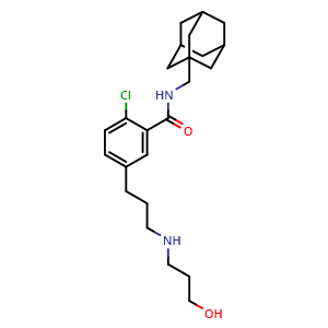 Chemical structure of N-(1-adamantylmethyl)-2-chloro-5-[3-(3-hydroxypropylamino)propyl]benzamide , CAS 345304-65-6, AChemBlock V143012