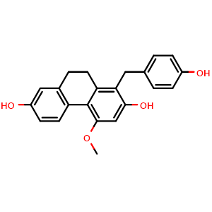 Chemical structure of 1-(4-hydroxybenzyl)-4-methoxy-9,10-dihydropenanthrene-2,7-diol , CAS 87530-26-5, AChemBlock V143057
