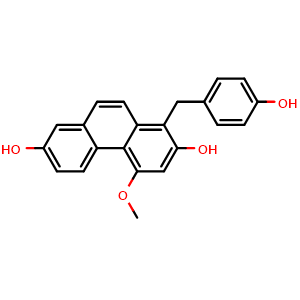 Chemical structure of 1-(4-hydroxybenzyl)-4-methoxypenanthrene-2,7-diol , CAS 133740-30-4, AChemBlock V143058