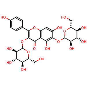 Chemical structure of 6-Hydroxykaempferol 3,6-diglucoside , CAS 142674-16-6, AChemBlock V143085