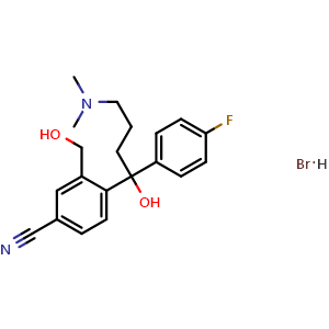 Chemical structure of 4-[4-(Dimethylamino)-1-(4-fluorophenyl)-1-hydroxybutyl]-3-(hydroxymethyl) benzonitrile hydrobromide , CAS 103146-26-5, AChemBlock V143090