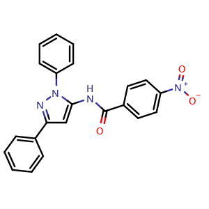 Chemical structure of N-(1,3-diphenyl-1H-pyrazol-5-yl)-4-nitrobenzamide , CAS 890764-36-0, AChemBlock V143093