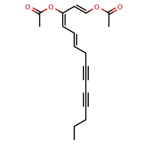 Chemical structure of (4E,6E,12E)-tetradecatriene -8,10-diyne-1,3-diol diacetate , CAS 29576-66-7, AChemBlock V143118