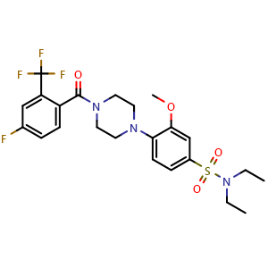 Chemical structure of N,N-diethyl-4-(4-(4-fluoro-2-(trifluoromethyl)benzoyl)piperazin-1-yl)-3-methoxybenzenesulfonamide , CAS 2816914-43-7, AChemBlock V143153