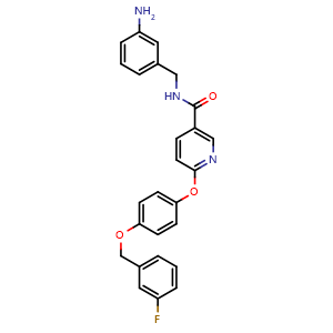 Chemical structure of N-(3-aminobenzyl)-6-(4-((3-fluorobenzyl)oxy)phenoxy)nicotinamide , CAS 838819-70-8, AChemBlock V143156