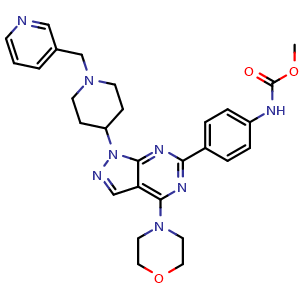 Chemical structure of methyl (4-(4-morpholino-1-(1-(pyridin-3-ylmethyl)piperidin-4-yl)-1H-pyrazolo[3,4-d]pyrimidin-6-yl)phenyl)carbamate , CAS 1062161-90-3, AChemBlock V143164