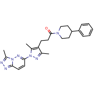 Chemical structure of 3-(3,5-dimethyl-1-(3-methyl-[1,2,4]triazolo[4,3-b]pyridazin-6-yl)-1H-pyrazol-4-yl)-1-(4-phenylpiperidin-1-yl)propan-1-one , CAS 2209887-98-7, AChemBlock V143165