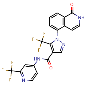 Chemical structure of 1-(1-oxo-1,2-dihydroisoquinolin-5-yl)-5-(trifluoromethyl)-N-(2-(trifluoromethyl)pyridin-4-yl)-1H-pyrazole-4-carboxamide , CAS 2230273-76-2, AChemBlock V143170