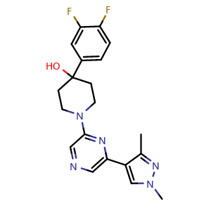 Chemical structure of 4-(3,4-difluorophenyl)-1-(6-(1,3-dimethyl-1H-pyrazol-4-yl)pyrazin-2-yl)piperidin-4-ol , CAS 2525504-26-9, AChemBlock V143171