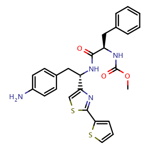 Chemical structure of methyl ((R)-1-(((S)-2-(4-aminophenyl)-1-(2-(thiophen-2-yl)thiazol-4-yl)ethyl)amino)-1-oxo-3-phenylpropan-2-yl)carbamate , CAS 1809275-72-6, AChemBlock V143172