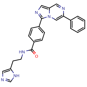 Chemical structure of N-(2-(1H-imidazol-5-yl)ethyl)-4-(6-phenylimidazo[1,5-a]pyrazin-3-yl)benzamide , CAS 2654074-06-1, AChemBlock V143173