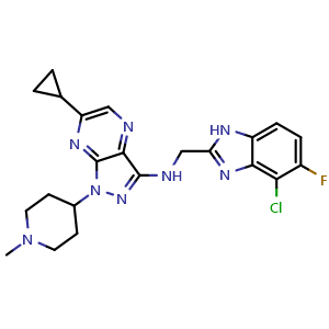 Chemical structure of N-((4-chloro-5-fluoro-1H-benzo[d]imidazol-2-yl)methyl)-6-cyclopropyl-1-(1-methylpiperidin-4-yl)-1H-pyrazolo[3,4-b]pyrazin-3-amine , CAS 2704570-98-7, AChemBlock V143177
