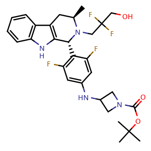 Chemical structure of tert-butyl 3-((4-((1R,3R)-2-(2,2-difluoro-3-hydroxypropyl)-3-methyl-2,3,4,9-tetrahydro-1H-pyrido[3,4-b]indol-1-yl)-3,5-difluorophenyl)amino)azetidine-1-carboxylate , CAS 1953133-49-7, AChemBlock V143178
