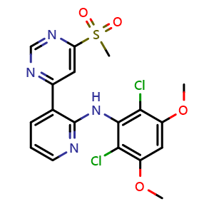 Chemical structure of N-(2,6-dichloro-3,5-dimethoxyphenyl)-3-(6-(methylsulfonyl)pyrimidin-4-yl)pyridin-2-amine , CAS 2474721-56-5, AChemBlock V143180