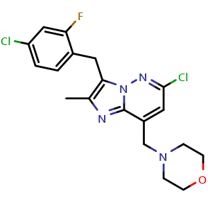 Chemical structure of 4-[[6-Chloro-3-(4-chloro-2-fluorobenzyl)-2-methylimidazo[1,2-b]pyridazin-8-yl]methyl]morpholine , CAS 1229236-85-4, AChemBlock V143209