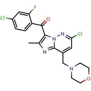 Chemical structure of 3-[(4-Chloro-2-fluorophenyl)(oxo)methyl]-6-chloro-2-methyl-8-(morpholinomethyl)imidazo[1,2-b]pyridazine , CAS 1229236-83-2, AChemBlock V143210