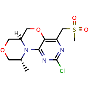 Chemical structure of (6aS,10R)-2-Chloro-10-methyl-4-[(methylsulfonyl)methyl]-6a,7,9,10-tetrahydro-6H-[1,4]oxazino[4,3-d]pyrimido[5,4-b][1,4]oxazine , CAS 2161304-05-6, AChemBlock V143237