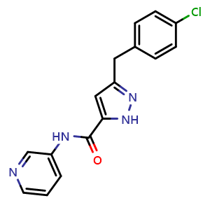 Chemical structure of 3-(4-Chlorobenzyl)-N-(3-pyridyl)-1H-pyrazole-5-carboxamide , CAS 2478467-92-2, AChemBlock V143239
