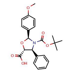 Chemical structure of (2S,4S,5R)-3-Boc-2-(4-methoxyphenyl)-4-phenyloxazolidine-5-carboxylic Acid , CAS 157580-39-7, AChemBlock V143240