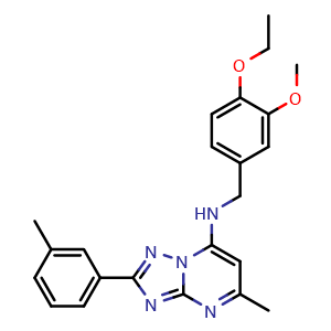 Chemical structure of N-(4-Ethoxy-3-methoxybenzyl)-5-methyl-2-(3-methylphenyl)-[1,2,4]triazolo[1,5-a]pyrimidin-7-amine , CAS 951494-27-2, AChemBlock V143245