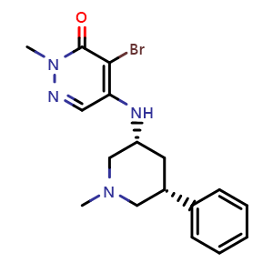 Chemical structure of 4-Bromo-2-methyl-5-[(cis-1-methyl-5-phenyl-3-piperidinyl)amino]pyridazin-3(2H)-one , CAS 2079896-25-4, AChemBlock V143248