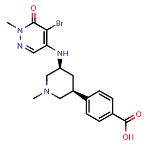 Chemical structure of 4-[cis-5-[(5-Bromo-1-methyl-6-oxo-1,6-dihydro-4-pyridazinyl)amino]-1-methyl-3-piperidinyl]benzoic Acid , AChemBlock V143250