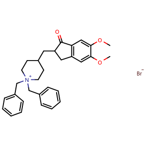 Chemical structure of 1,1-Dibenzyl-4-[(5,6-dimethoxy-1-oxo-2,3-dihydro-1H-inden-2-yl)methyl]-1-piperidinium Bromide , CAS 844694-85-5, AChemBlock V143252