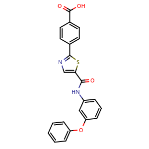 Chemical structure of 4-[5-[(3-Phenoxyphenyl)carbamoyl]-2-thiazolyl]benzoic Acid , CAS 2122285-08-7, AChemBlock V143254