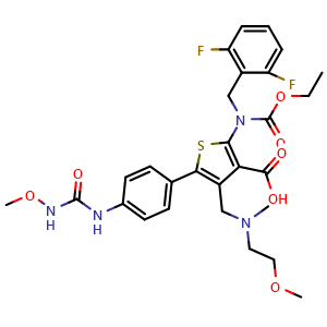 Chemical structure of 2-[(2,6-Difluorobenzyl)(ethoxycarbonyl)amino]-4-[[(2-methoxyethyl)(methyl)amino]methyl]-5-[4-(3-methoxyureido)phenyl]thiophene-3-carboxylic Acid , CAS 737789-93-4, AChemBlock V143260