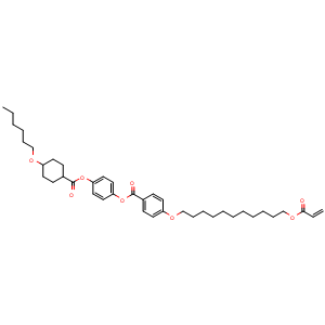 Chemical structure of 4-[[11-[(1-Oxo-2-propenyl)oxy]undecyl]oxy]benzoic Acid 4-[[[4-(Hexyloxy)cyclohexyl]carbonyl]oxy]phenyl Ester , CAS 2010962-89-5, AChemBlock V143274