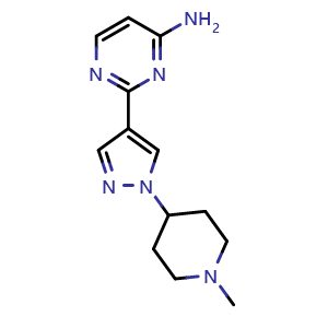 Chemical structure of 2-[1-(1-Methyl-4-piperidyl)-4-pyrazolyl]pyrimidin-4-amine , CAS 2740818-32-8, AChemBlock V143275