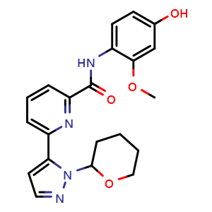 Chemical structure of N-(4-Hydroxy-2-methoxyphenyl)-6-(1-(2-tetrahydropyranyl)-5-pyrazolyl)pyridine-2-carboxamide , CAS 2597345-12-3, AChemBlock V143287