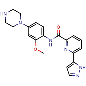 Chemical structure of N-[2-Methoxy-4-(1-piperazinyl)phenyl]-6-(5-pyrazolyl)pyridine-2-carboxamide , CAS 2597345-07-6, AChemBlock V143288