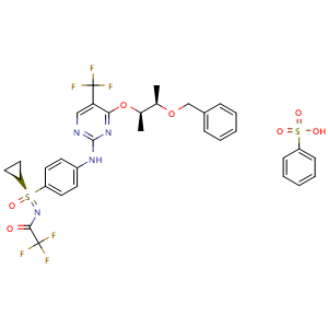 Chemical structure of N-[[4-[[4-[[(2R,3R)-3-(Benzyloxy)-2-butyl]oxy]-5-(trifluoromethyl)-2-pyrimidinyl]amino]phenyl](R)-(cyclopropyl)oxidosulphanylidene]-2,2,2-trifluoroacetamide Benzenesulphonic Acid , CAS 1365543-64-1, AChemBlock V143292