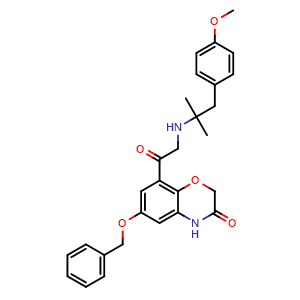 Chemical structure of 6-(Benzyloxy)-8-[2-[[1-(4-methoxyphenyl)-2-methyl-2-propyl]amino]acetyl]-2H-benzo[b][1,4]oxazin-3(4H)-one , CAS 2035510-38-2, AChemBlock V143303