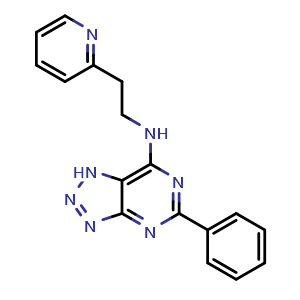 Chemical structure of 5-Phenyl-N-[2-(2-pyridyl)ethyl]-1H-[1,2,3]triazolo[4,5-d]pyrimidin-7-amine , CAS 565236-05-7, AChemBlock V143305