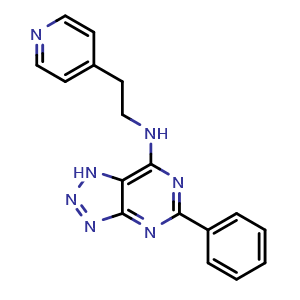 Chemical structure of 5-Phenyl-N-[2-(4-pyridyl)ethyl]-1H-[1,2,3]triazolo[4,5-d]pyrimidin-7-amine , CAS 565236-08-0, AChemBlock V143306
