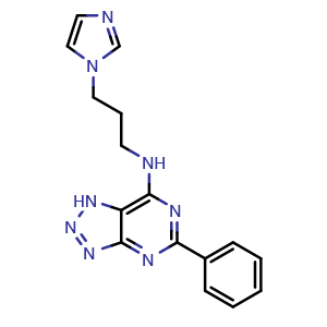 Chemical structure of N-[3-(1-Imidazolyl)propyl]-5-phenyl-1H-[1,2,3]triazolo[4,5-d]pyrimidin-7-amine , CAS 565236-29-5, AChemBlock V143308