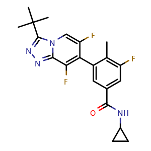 Chemical structure of 3-[3-(tert-Butyl)-6,8-difluoro-[1,2,4]triazolo[4,3-a]pyridin-7-yl]-N-cyclopropyl-5-fluoro-4-methylbenzamide , CAS 1057394-06-5, AChemBlock V143317