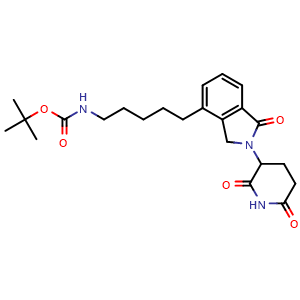 Chemical structure of 3-[4-[5-(Boc-amino)pentyl]-1-oxoisoindolin-2-yl]piperidine-2,6-dione , CAS 2138441-25-3, AChemBlock V143319