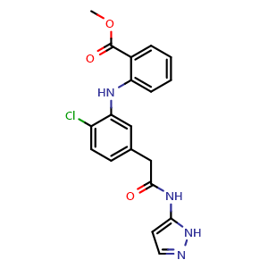 Chemical structure of Methyl 2-[[5-[2-[(5-Pyrazolyl)amino]-2-oxoethyl]-2-chlorophenyl]amino]benzoate , AChemBlock V143321