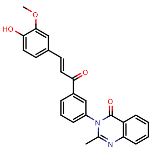 Chemical structure of (E)-3-[3-[3-(4-Hydroxy-3-methoxyphenyl)acryloyl]phenyl]-2-methylquinazolin-4(3H)-one , CAS 2055855-24-6, AChemBlock V143324