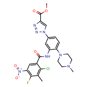 Chemical structure of Methyl 1-[3-(2-Chloro-4-fluoro-3-methyl-5-nitrobenzamido)-4-(4-methyl-1-piperazinyl)phenyl]-1H-1,2,3-triazole-4-carboxylate , CAS 2296730-87-3, AChemBlock V143331