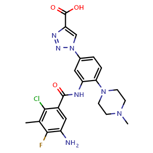 Chemical structure of 1-[3-(5-Amino-2-chloro-4-fluoro-3-methylbenzamido)-4-(4-methyl-1-piperazinyl)phenyl]-1H-1,2,3-triazole-4-carboxylic Acid , CAS 2250024-69-0, AChemBlock V143332
