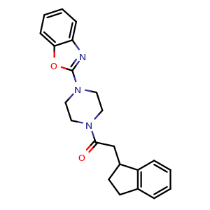 Chemical structure of 1-[4-(2-Benzoxazolyl)-1-piperazinyl]-2-(2,3-dihydro-1H-inden-1-yl)ethanone , CAS 727685-73-6, AChemBlock V143335