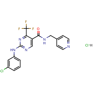 Chemical structure of 2-[(3-Chlorophenyl)amino]-N-(4-pyridylmethyl)-4-(trifluoromethyl)pyrimidine-5-carboxamide Hydrochloride , CAS 1092502-33-4, AChemBlock V143338