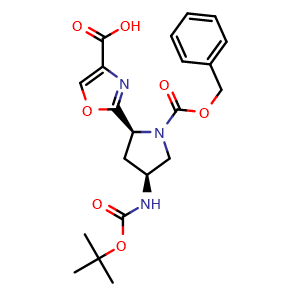 Chemical structure of 2-[(2S,4S)-1-Cbz-4-(Boc-amino)-2-pyrrolidinyl]oxazole-4-carboxylic Acid , AChemBlock V143346
